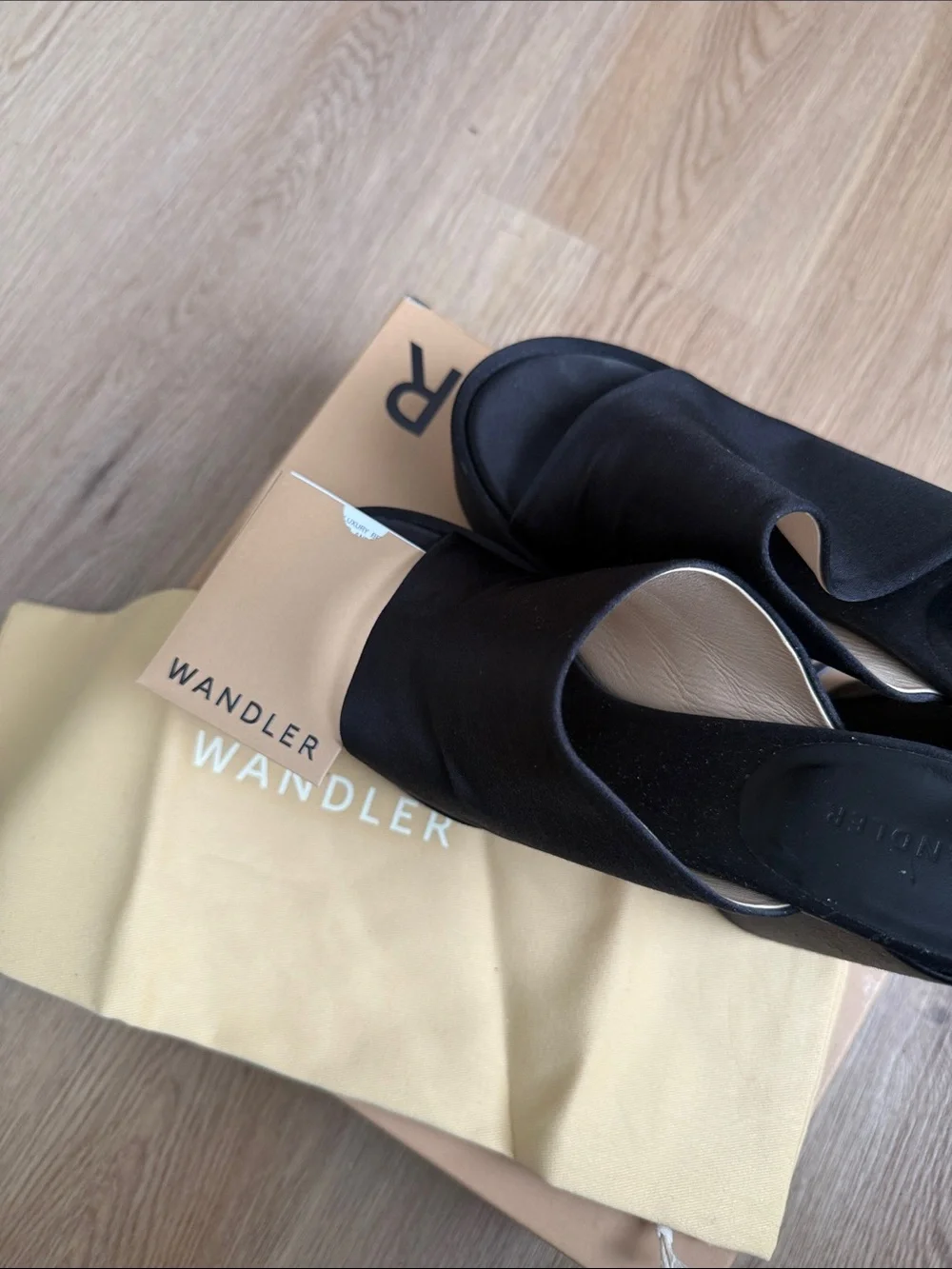Wandler Black Satin Open-Toe Slide Mules
